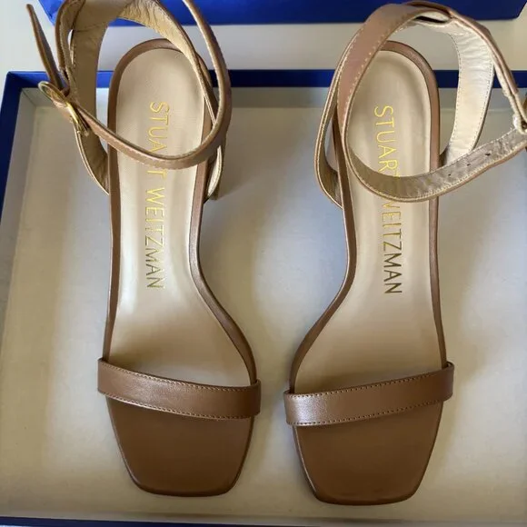 Stuart Weitzman S 5.5B Heeled Sandal with Strap Buckle Tan Brown Nearly Bare New - Picture 6 of 9
